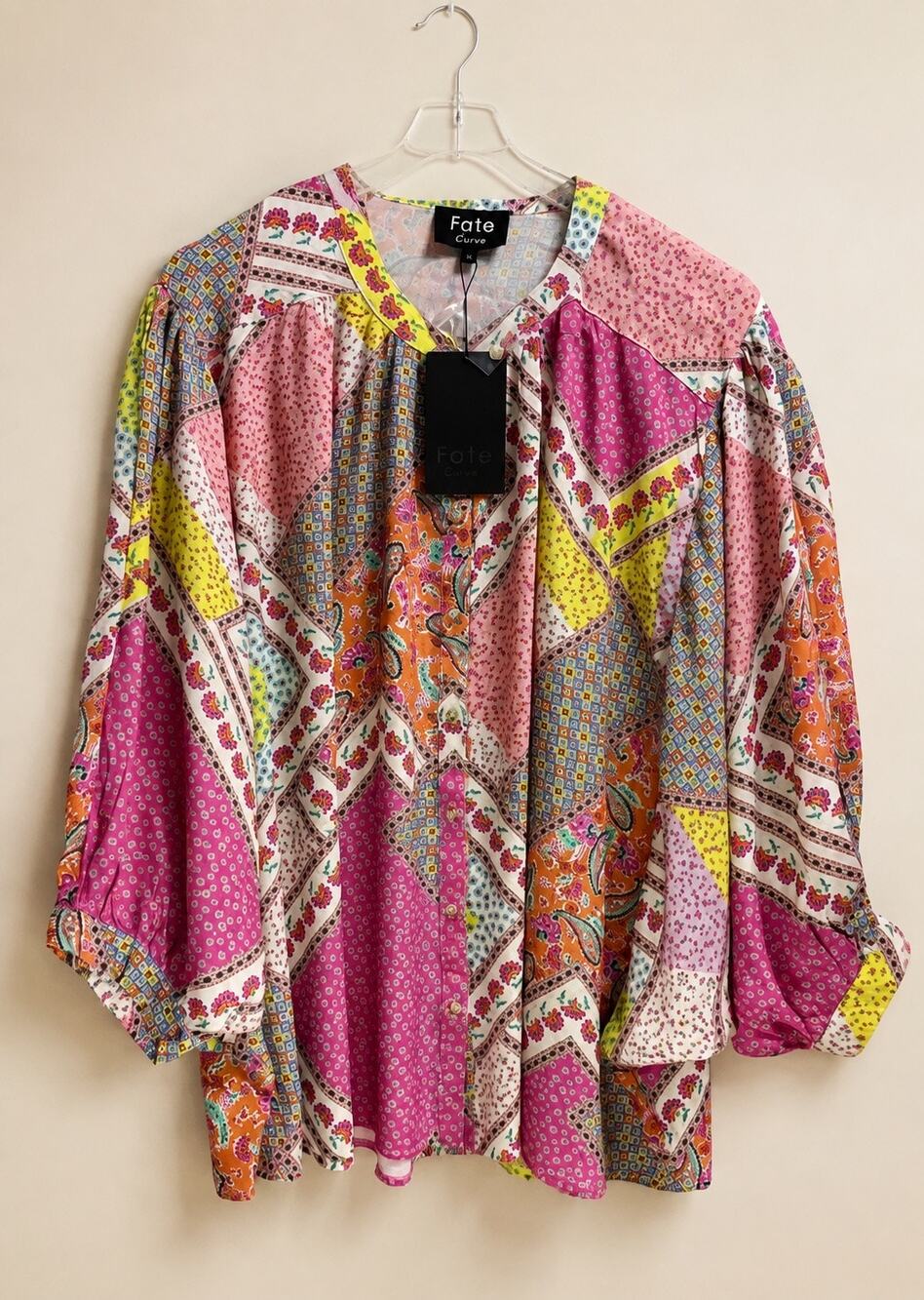 NWT Fate Curve 1X Boho Patchwork Floral Paisley Button Front Blouse